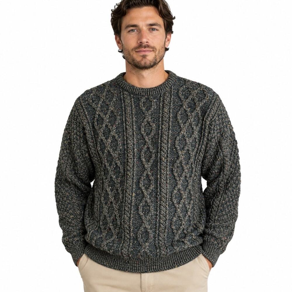 Vintage Carraig Donn Irish Fisherman Sweater Green Fleck Cable Knit XL Ireland